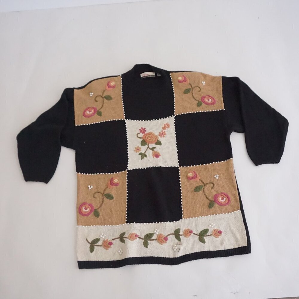 Vintage Diana Marco Black Patchwork Floral Beaded Knit Boho Grandpa Sweater 22